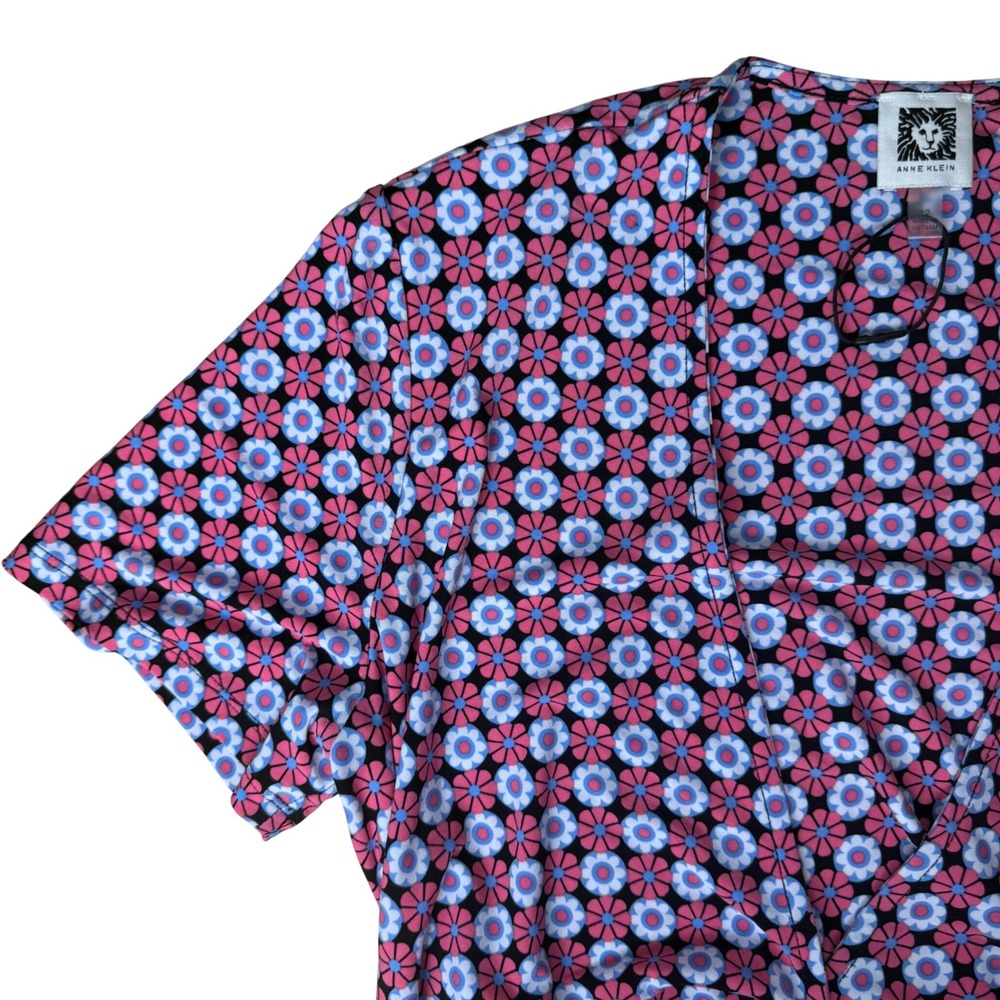 Anne Klein Floral Faux Wrap Dress Womens 12 Pink Blue Geometric Excellent